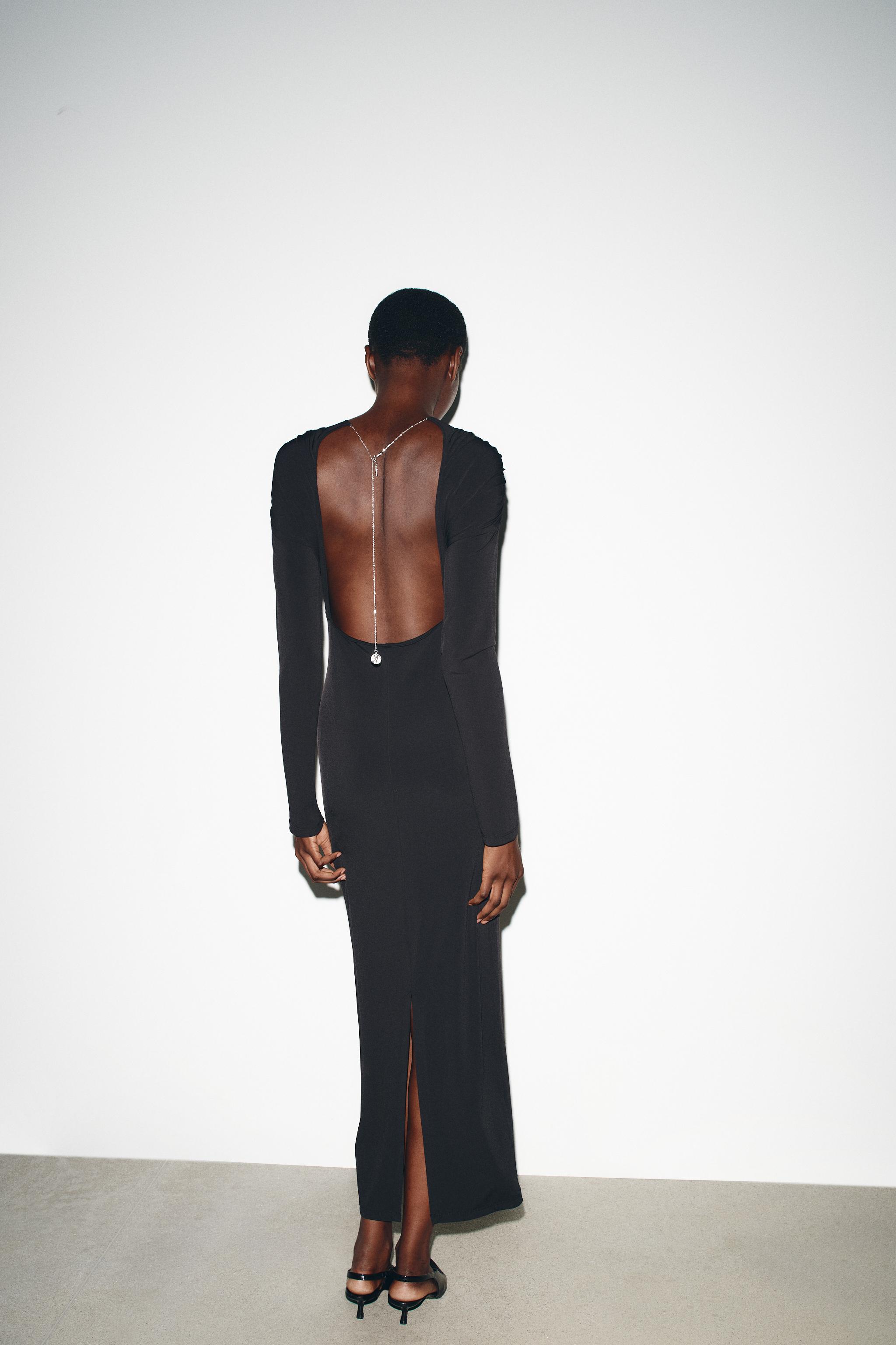 DRAPED MIDI DRESS WITH JEWEL BACK DETAIL